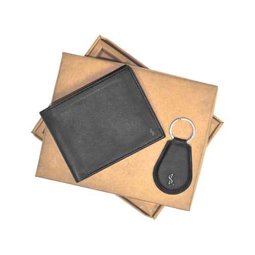 Key Mate leather gift set for men – black wallet & keychain combo