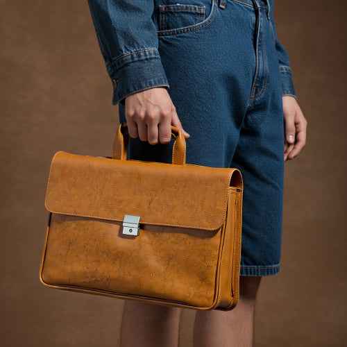 Side profile of lightweight laptop bag in vegan leather showing slim, structured build