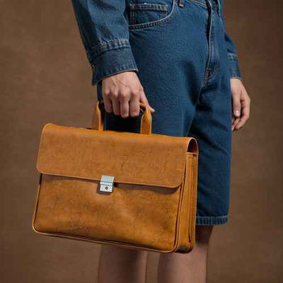 Side profile of lightweight laptop bag in vegan leather showing slim, structured build
