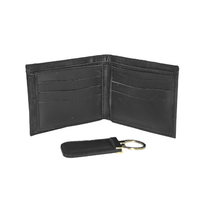 Flat lay display of Style Mate gift set – black wallet and keychain for stylish men