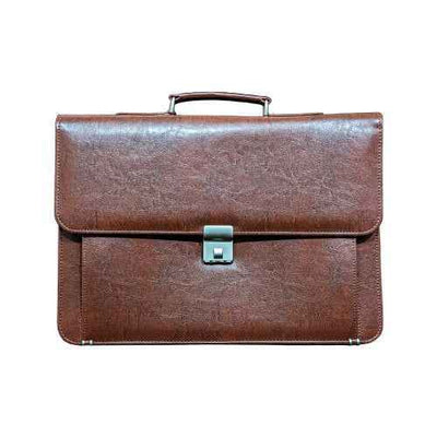Brown executive leather office bag with secure metal lock and top handle – perfect for professionals.