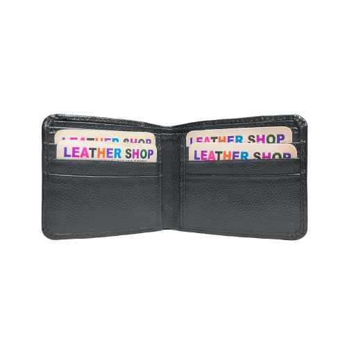 Interior of Cashy black wallet showing multiple card slots and cash compartments