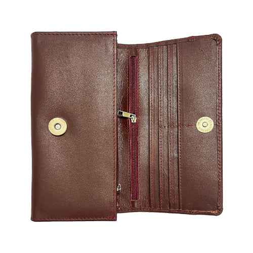 Flat lay of Riva brown clutch wallet – leather finish with minimal design