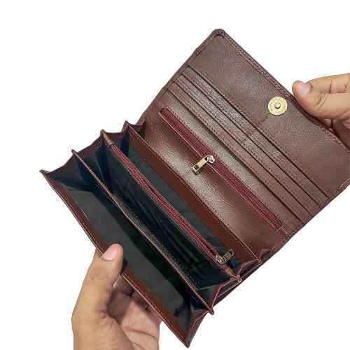 Interior of Riva brown wallet showing organized card slots and cash compartments