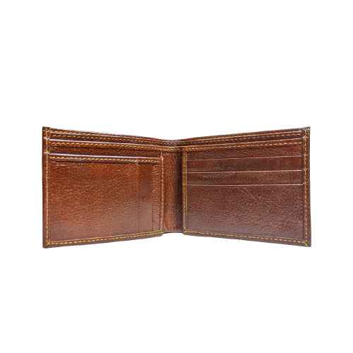 Close-up of brown leather men’s wallet with soft finish and stitched edges