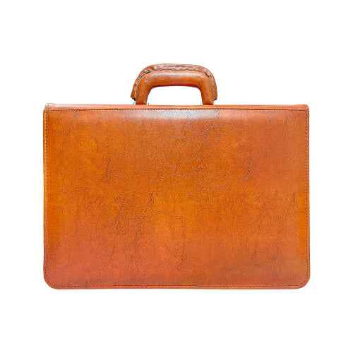 Tan leather executive bag featuring clean panel design and reinforced stitching for durability.